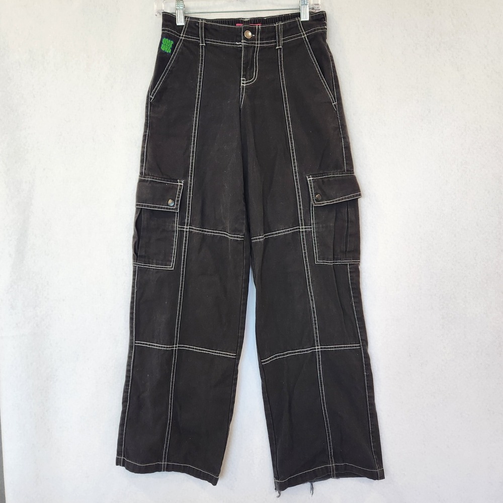 Empyre Women XS Black Contrast Stitch Wide Leg Cargo Pants Relaxed Skate Utility